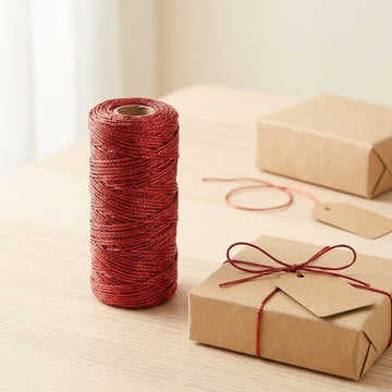 Metallic red craft cord stands on a spool beside a kraft gift box tied with matching cord on a light wood table.