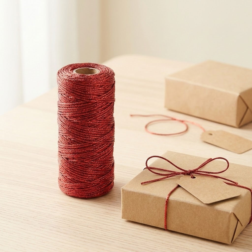 Metallic red craft cord stands on a spool beside a kraft gift box tied with matching cord on a light wood table.