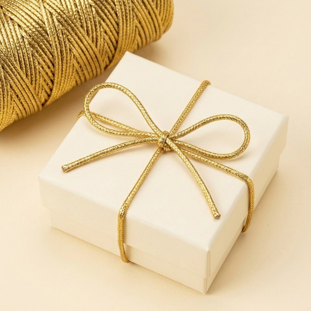 Metallic gold craft cord forms a bow around a white gift box beside its spool on a warm cream background.