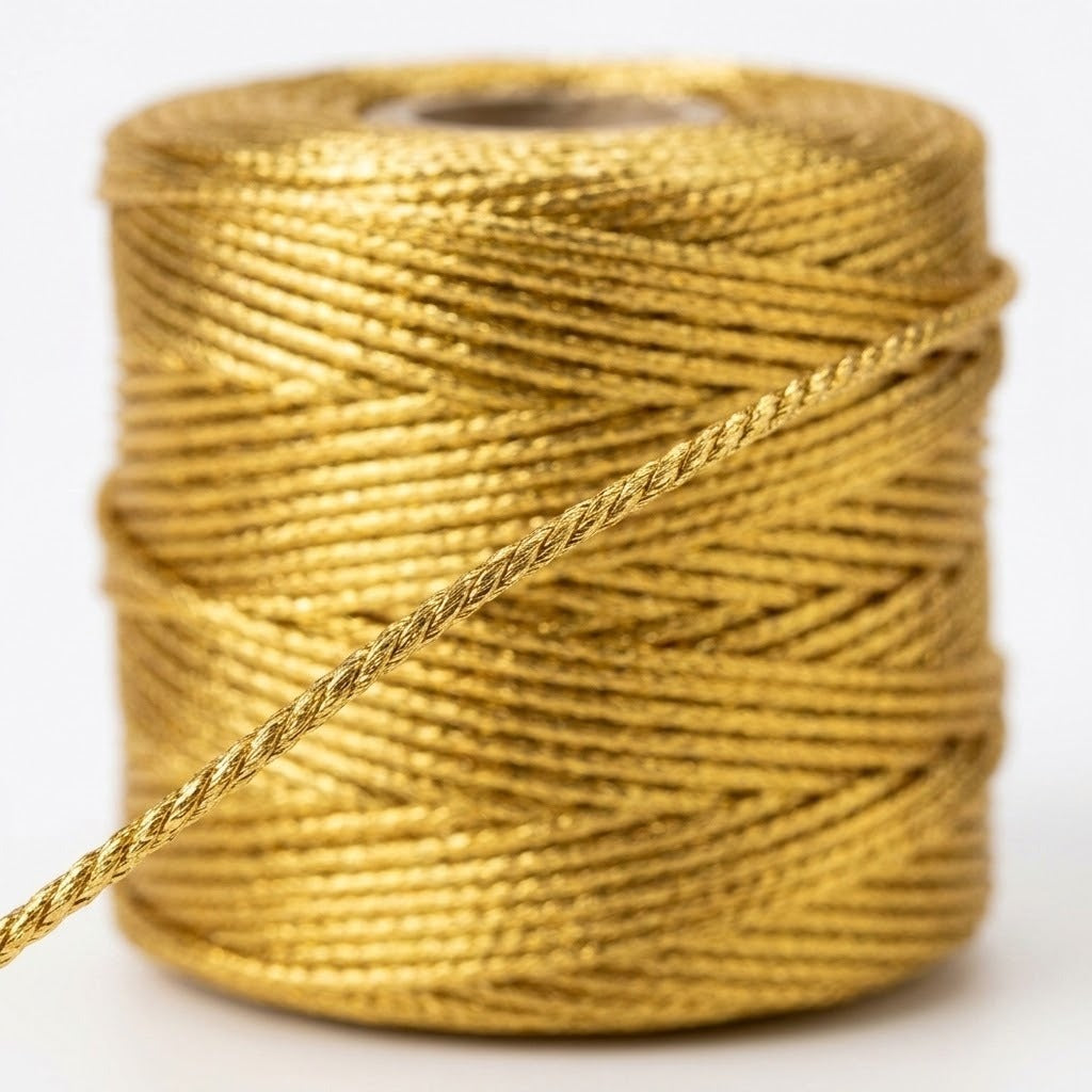 Metallic gold craft cord crosses diagonally in front of its spool, showing its twisted texture against a white background.