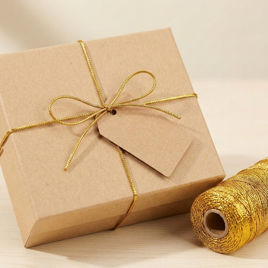 Metallic gold craft cord ties a kraft gift box and blank tag beside a matching spool on a light wood surface.