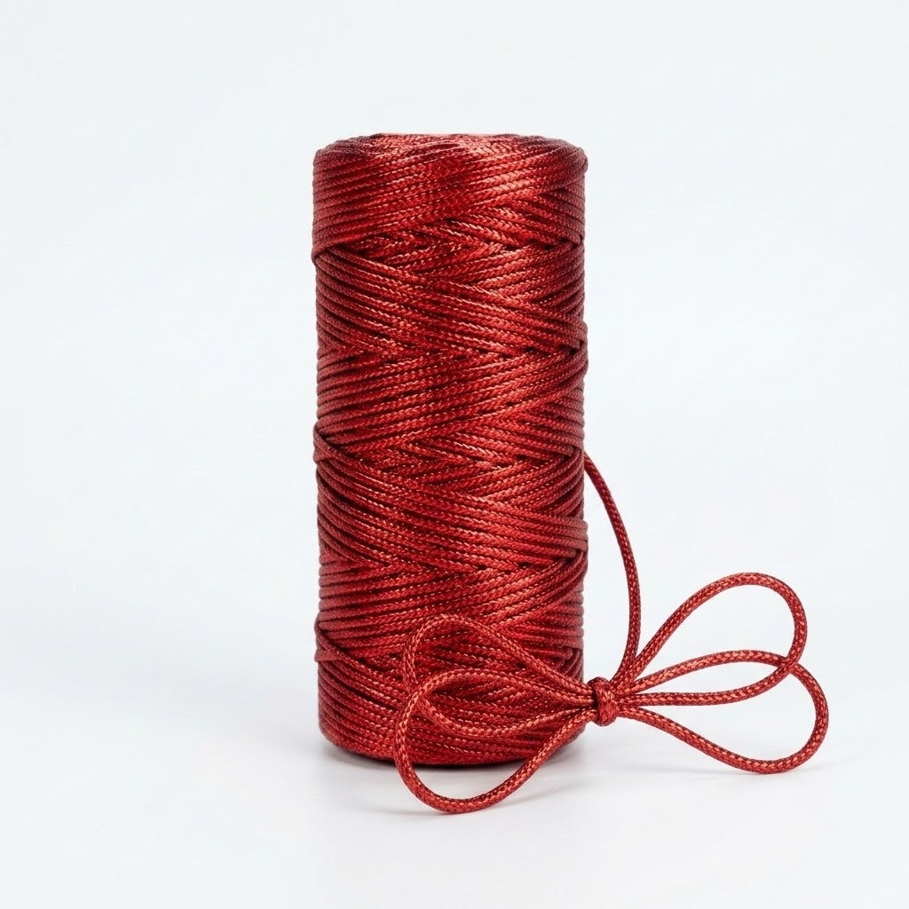 A spool of metallic red craft cord stands against a white background with a loose strand tied into a bow.