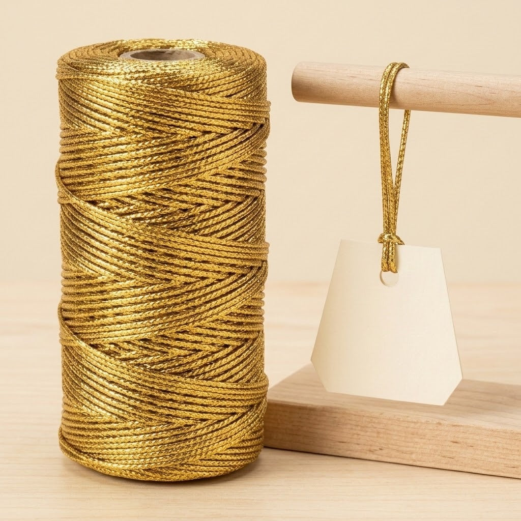 A gold metallic craft cord spool stands on pale wood beside a blank tag suspended from a wooden rod with matching cord.