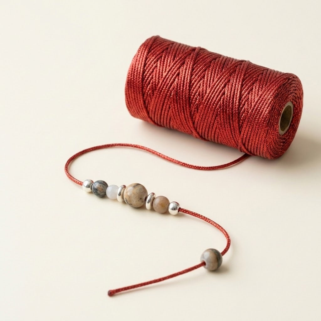 A red metallic craft cord spool lies on a cream surface with assorted round beads threaded onto its loose length.