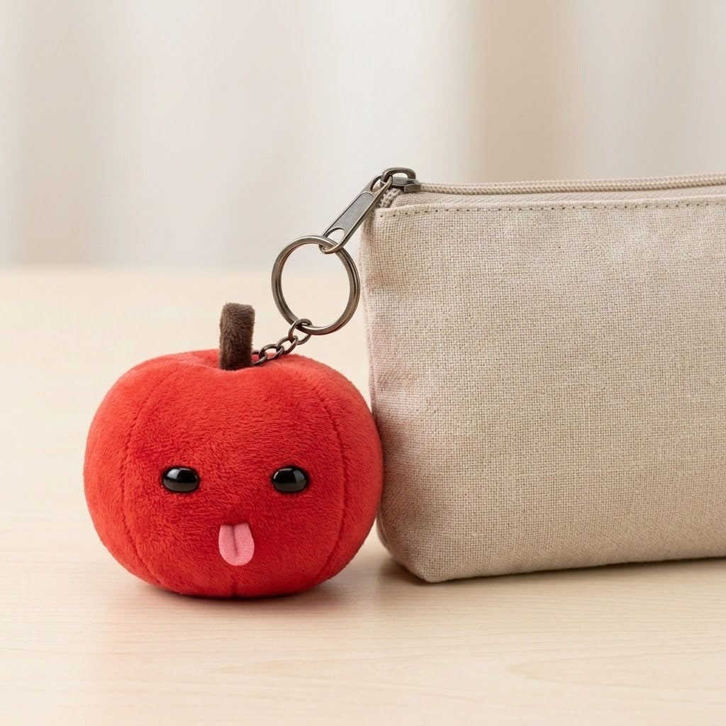 A red plush apple keychain with black eyes and a pink tongue attaches to a beige pouch zipper on a pale tabletop.