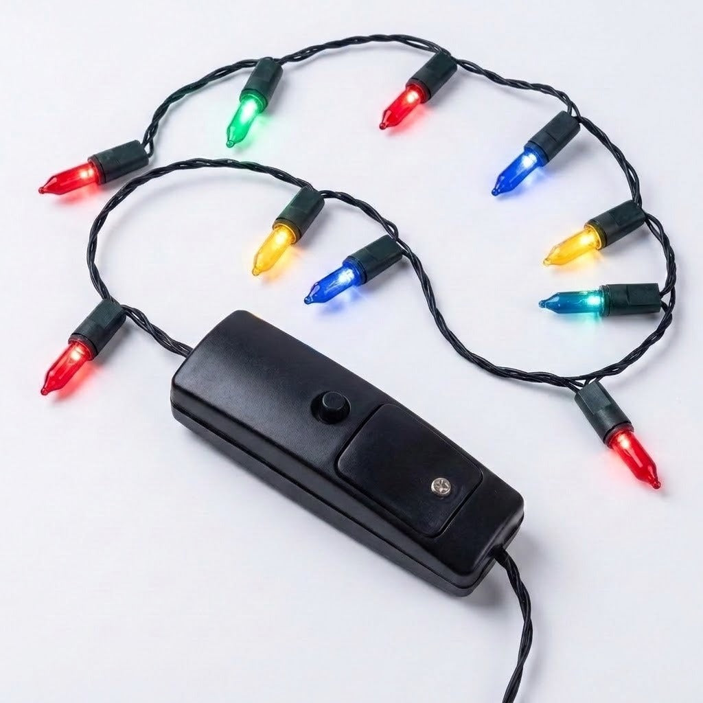 A light-up necklace with glowing red, green, blue and yellow bulbs and a black battery box lies on a white background.