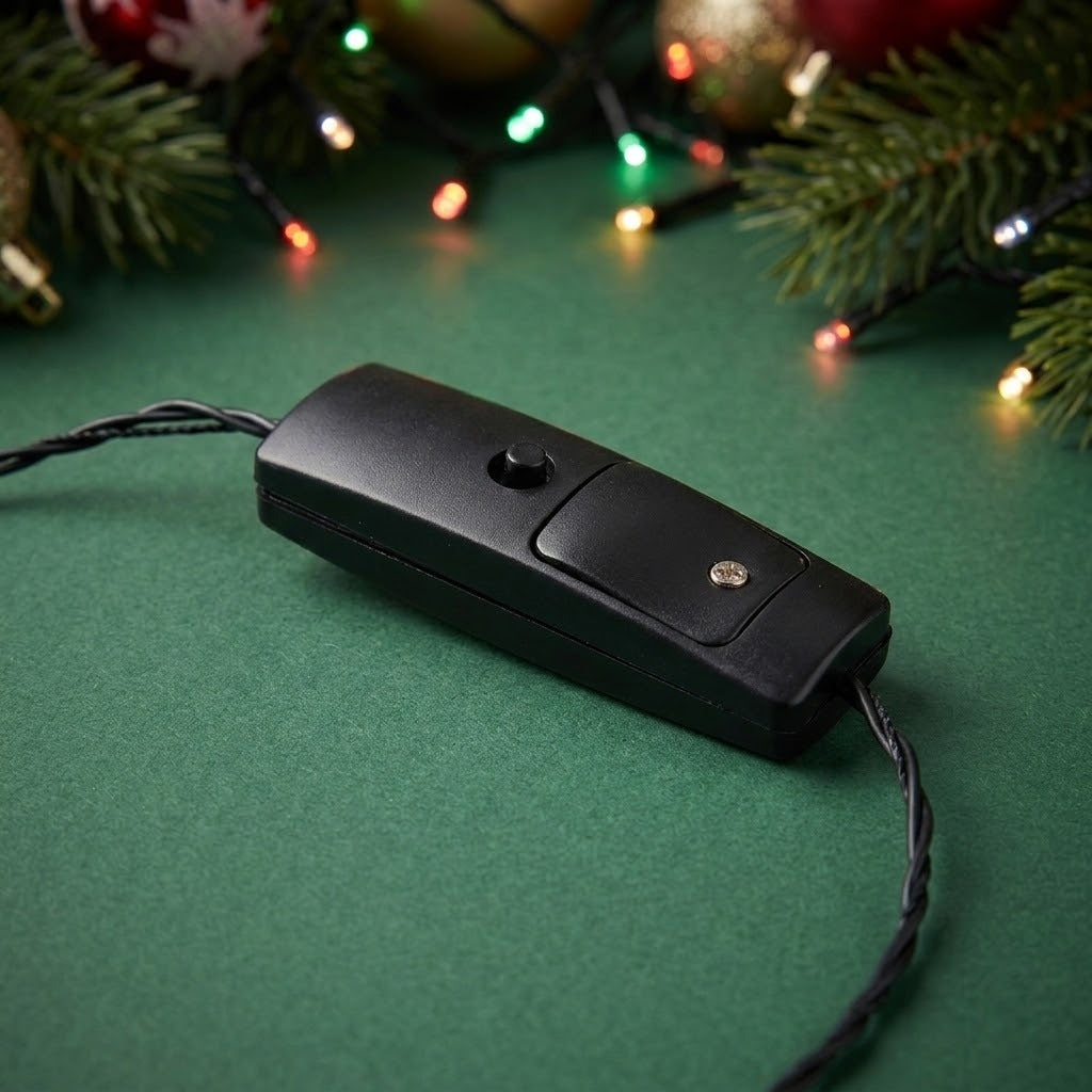 The light-up necklace’s black battery box has a round button and screw-fastened cover, resting on green beside blurred Christmas decorations.