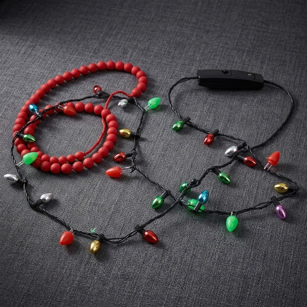A light-up necklace with multicoloured plastic bulbs and a black battery box lies beside red beads on dark grey woven fabric.