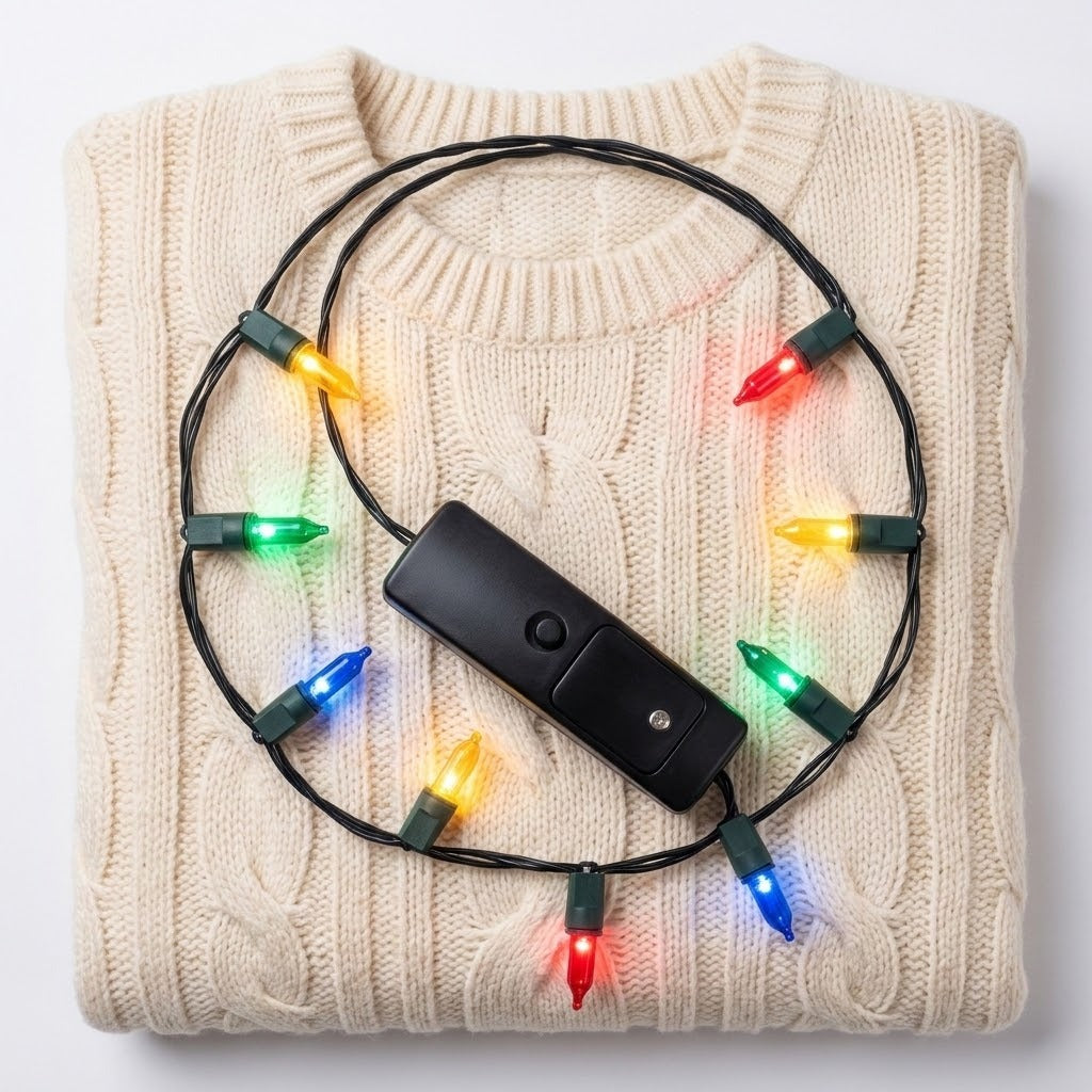 A light-up necklace with glowing multicoloured bulbs loops around its black battery box on a folded cream cable-knit sweater.