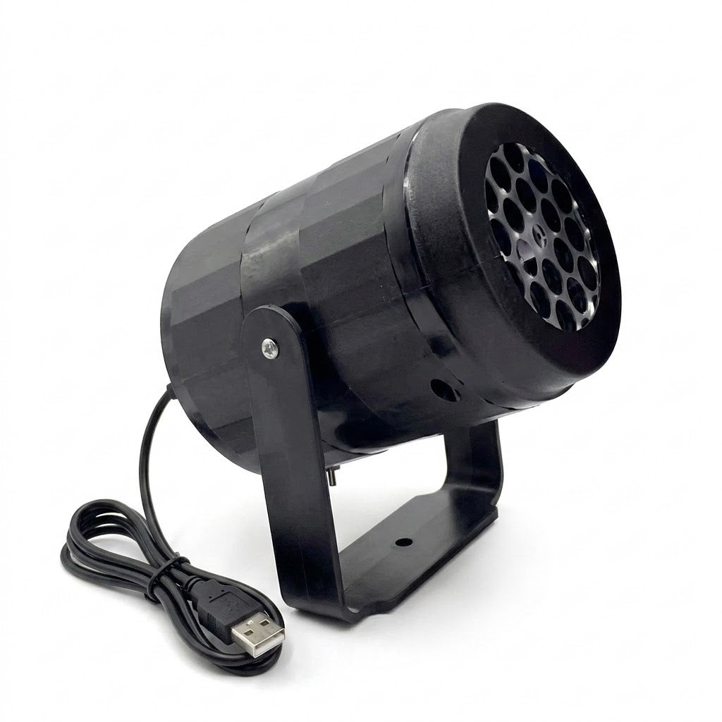 Black snowflake projector with a perforated circular front, U-shaped support bracket, and coiled USB cable against a white background.