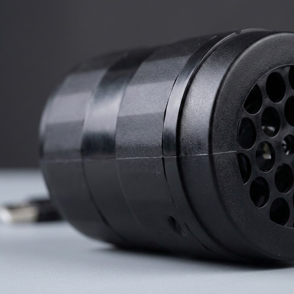 Close-up of the black snowflake projector shows textured housing, casing seams, and a perforated circular front against a dark background.