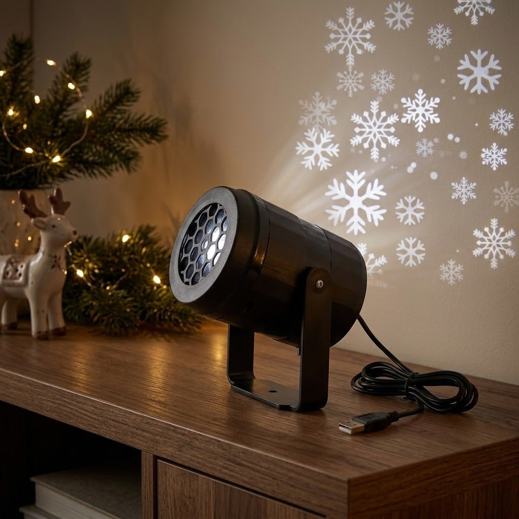 Black projector with coiled USB cable sits on a wooden cabinet beside reindeer ornaments and illuminated greenery, casting white snowflakes onto the wall.