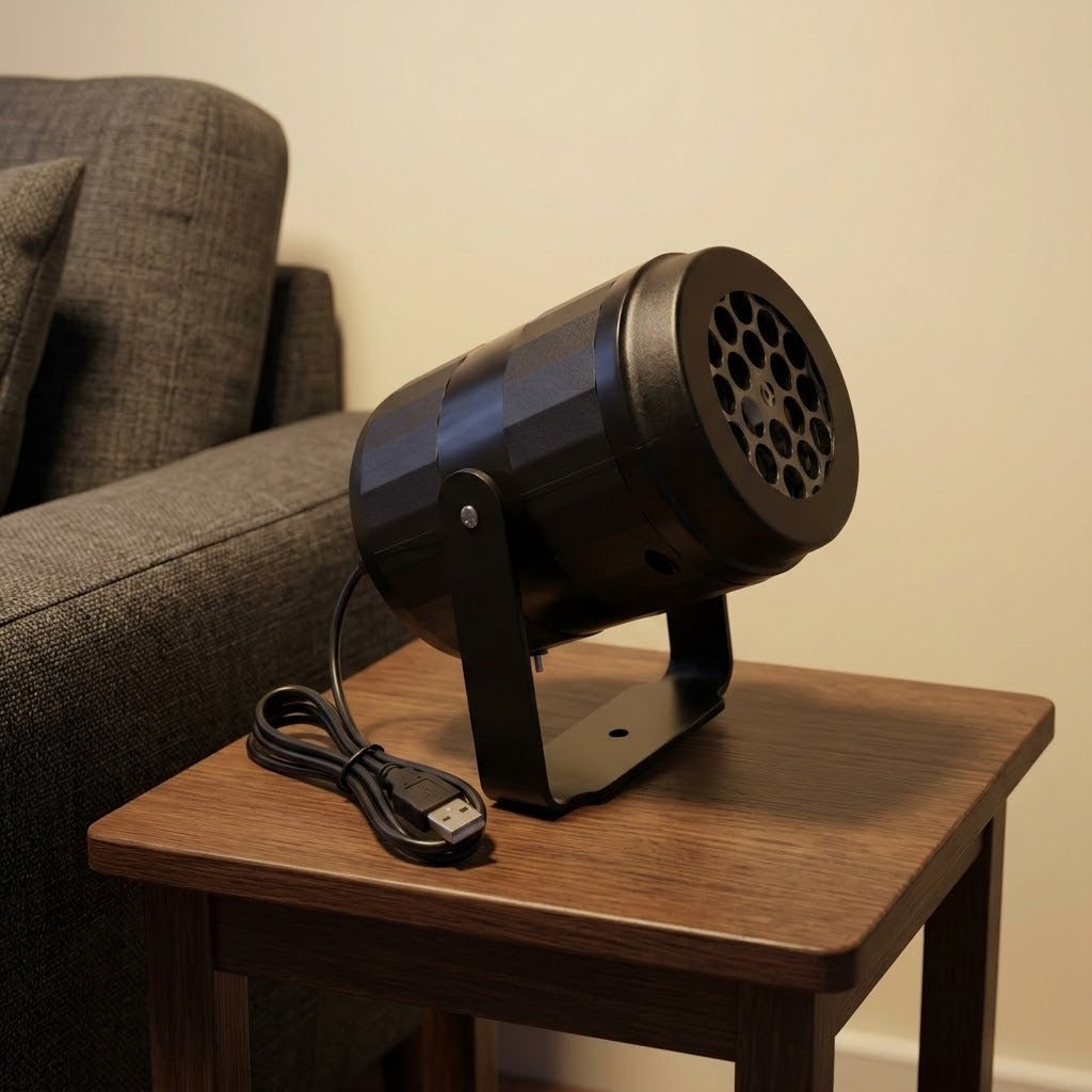 Black snowflake projector with a support bracket and coiled USB cable sits on a wooden side table beside a gray sofa.