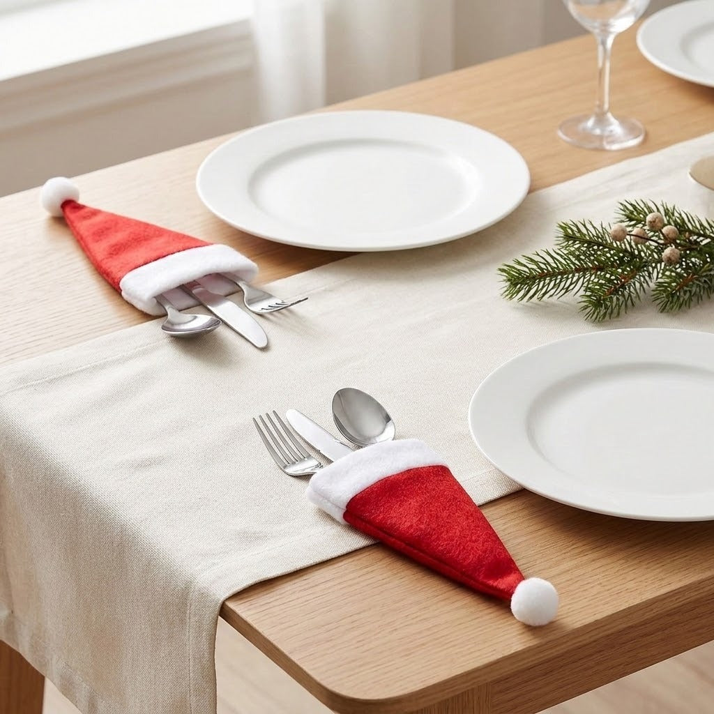 Two red Santa hat cutlery holders with white trim and pompoms hold silverware beside white plates on a wooden table with a cream runner.