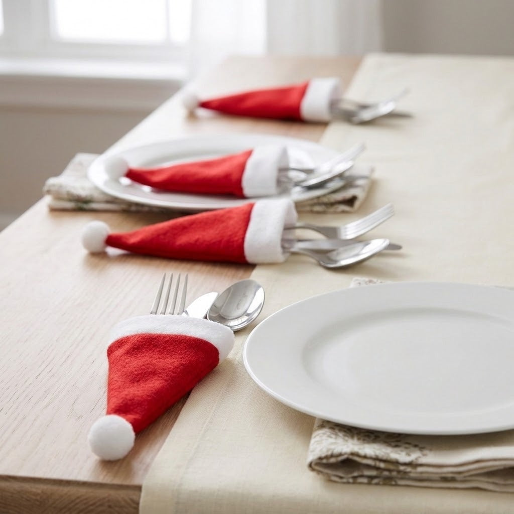 Four red Santa hat cutlery holders with white trim sit among silverware, white plates, and folded napkins on a light wooden dining table.
