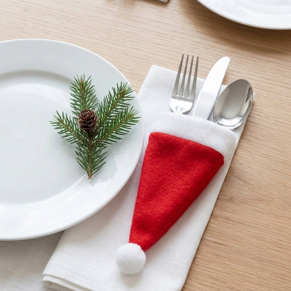 A red and white cloth cutlery holder holds silverware on a white napkin beside a plate with an evergreen sprig and pinecone.
