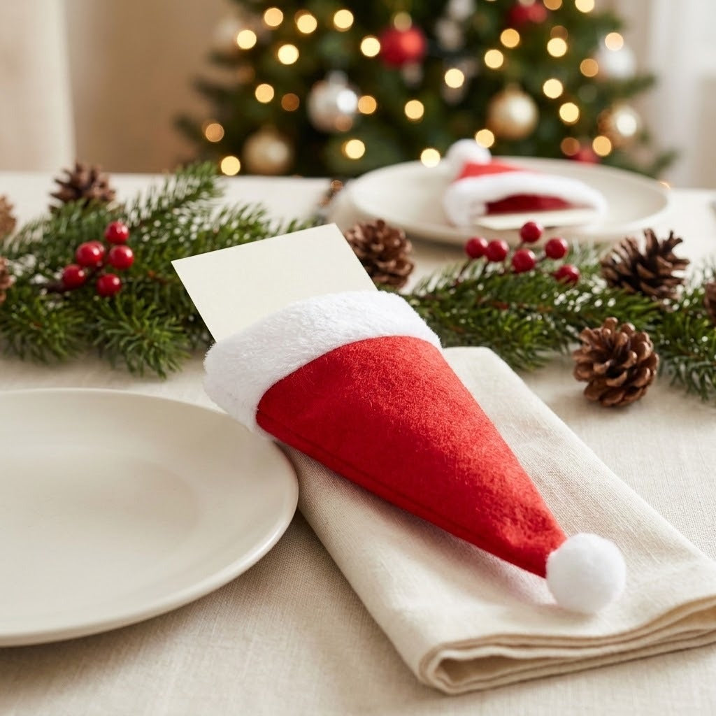 A red cloth cutlery holder with white trim holds a blank card on a cream napkin beside plates, greenery, and pinecones.
