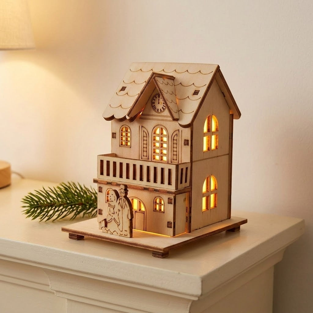 A light wooden Christmas house with glowing windows and a balcony stands on a white cabinet beside an evergreen sprig.