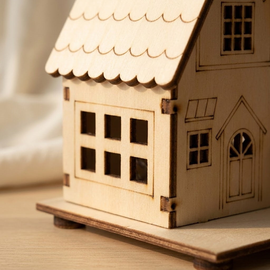A close-up of a light wooden Christmas house shows dark edges, interlocking joints, square window openings, and engraved door details.
