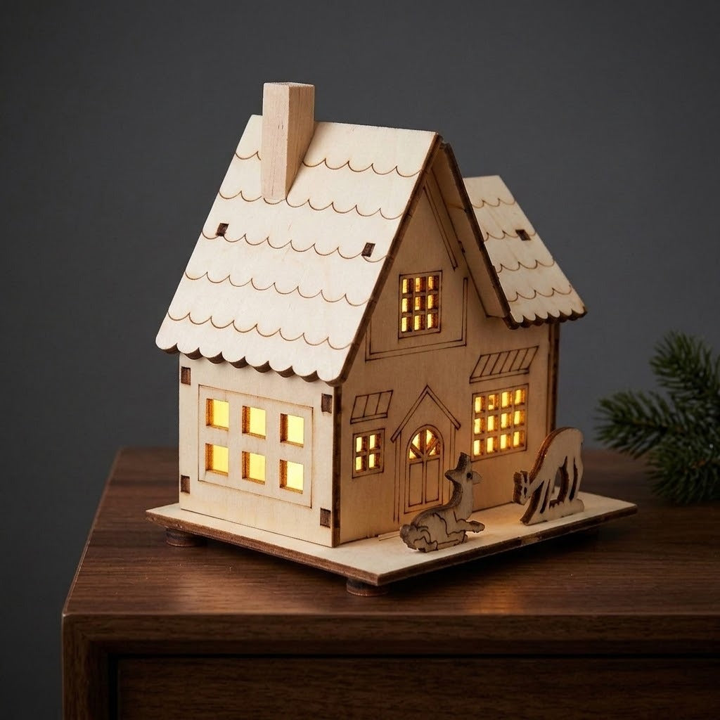 A glowing light wooden Christmas house with a chimney and deer silhouettes sits on a dark wooden cabinet against a charcoal wall.