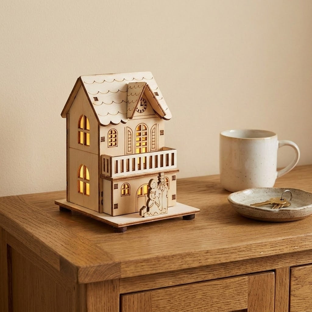 An illuminated light wooden Christmas house with a balcony stands on a wooden cabinet beside a cream mug and a dish holding keys.