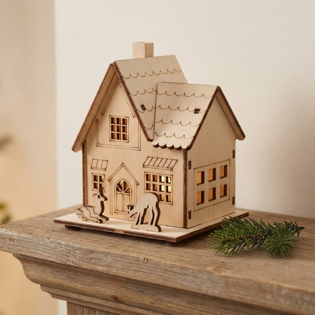 A pale wooden Christmas house with two deer figures stands on a rustic mantel beside an evergreen sprig.