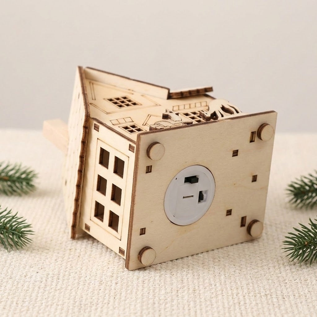 A pale wooden Christmas house lies tilted on cream fabric, exposing its circular battery compartment, black switch, and four round feet.