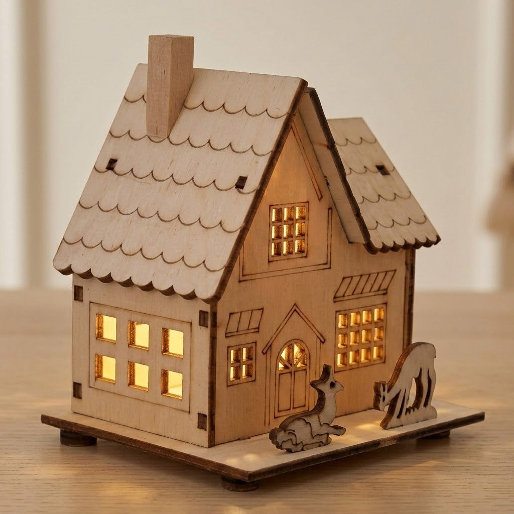 A pale wooden Christmas house with two deer figures glows through cutout windows on a wooden tabletop against a cream wall.