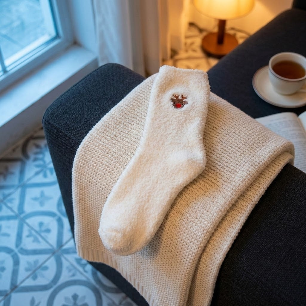 A cream-colored knit sock with a small embroidered red and gold reindeer logo, draped over a dark gray armchair in a cozy room setting with a window, lamp, and cup of tea.
