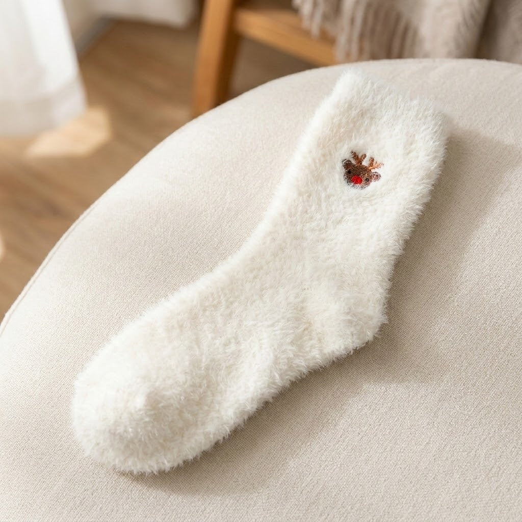 A fluffy off-white sock with a small embroidered reindeer design, resting on a beige upholstered chair in a softly lit indoor setting.