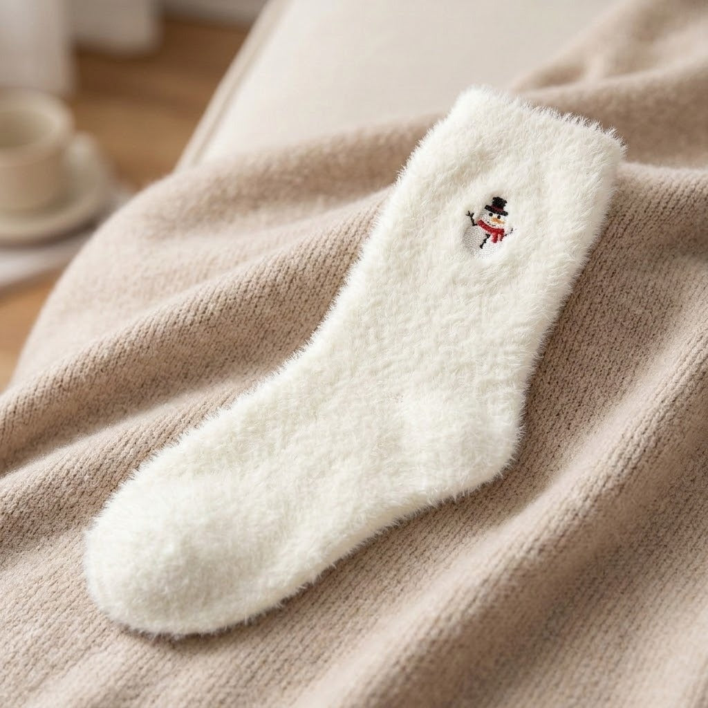A fluffy off-white sock with a small embroidered snowman detail, resting on a beige knit blanket.