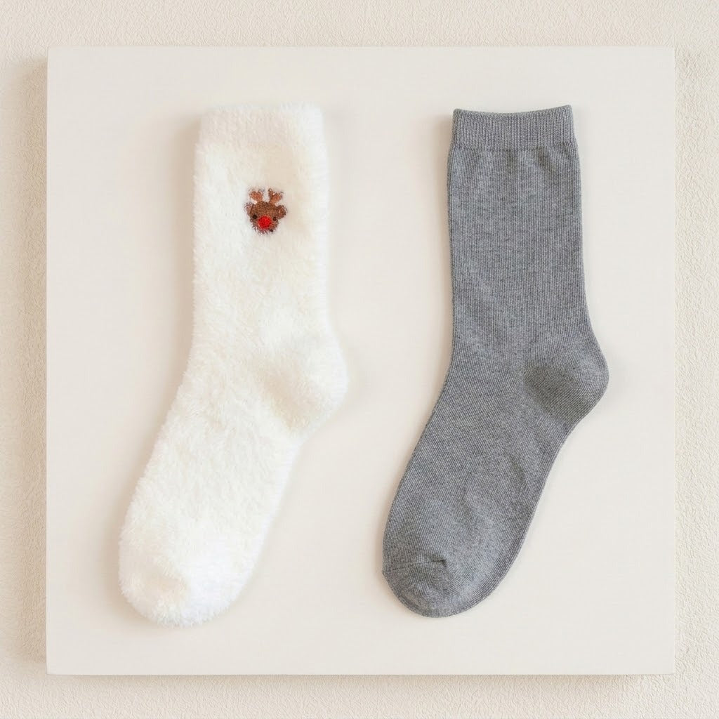 Two crew socks displayed side by side on a white rectangular board. The left sock is white with a small embroidered reindeer motif near the cuff.