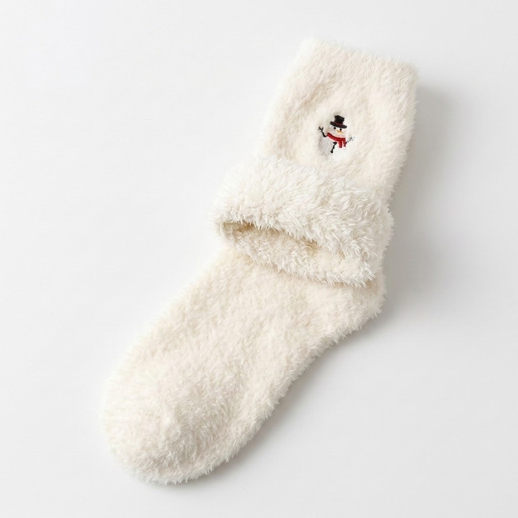 A single fluffy cream-colored sock with a small embroidered snowman detail on the cuff, displayed on a clean white background.