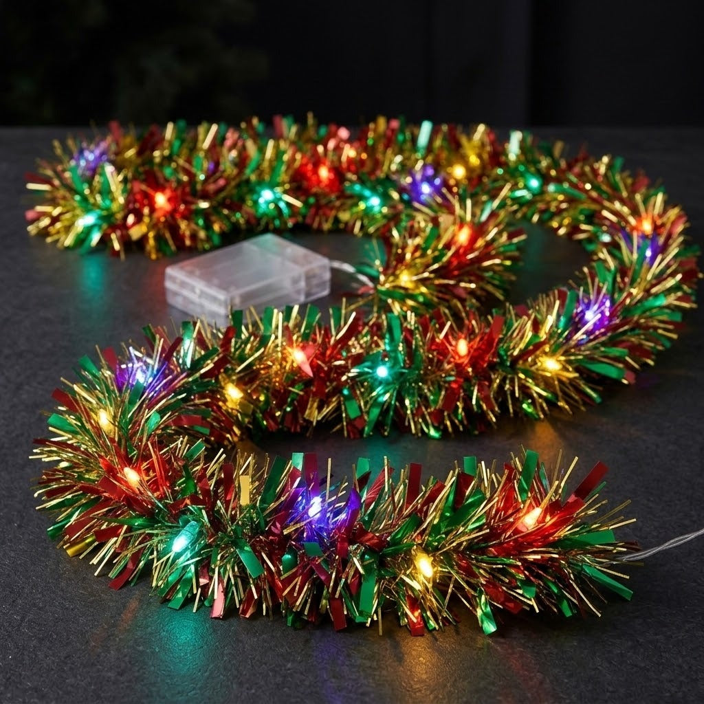 A red, green, and gold tinsel lighted garland glows with multicolored bulbs on a dark tabletop beside a clear battery box.