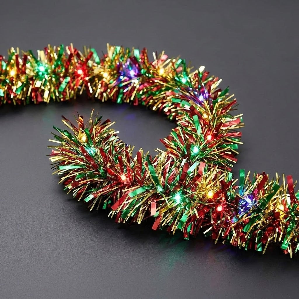 A red, green, and gold tinsel lighted garland curves across a gray surface with glowing red, green, purple, and yellow bulbs.