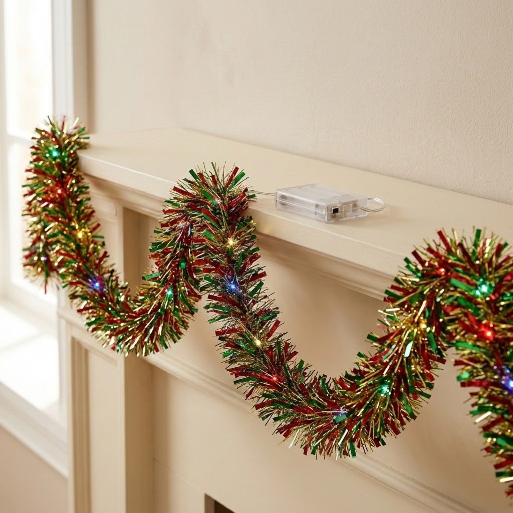 Lighted red, green, and gold tinsel garland hangs in loops along a cream mantel, with a clear battery box resting above.