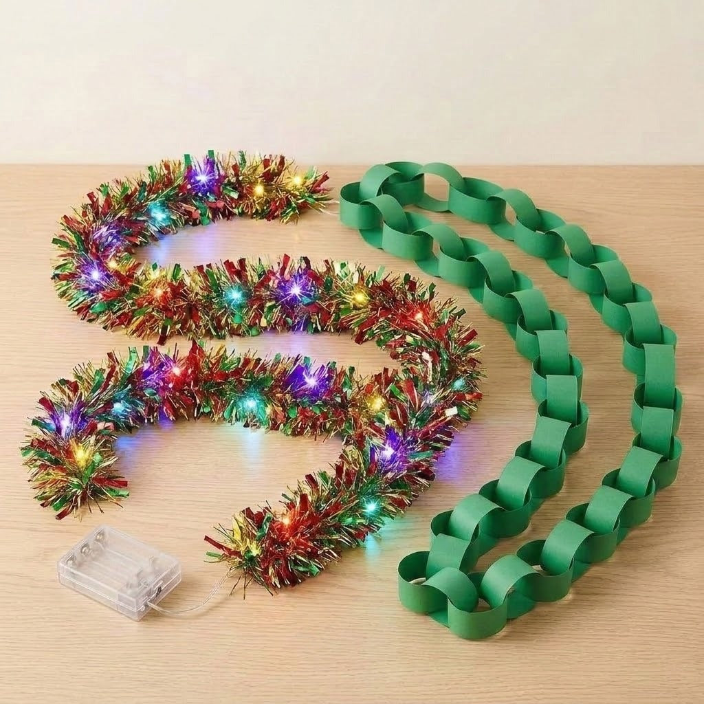 Red, green, and gold tinsel lighted garland with multicolor lights and a clear battery box beside a green paper chain on light wood.