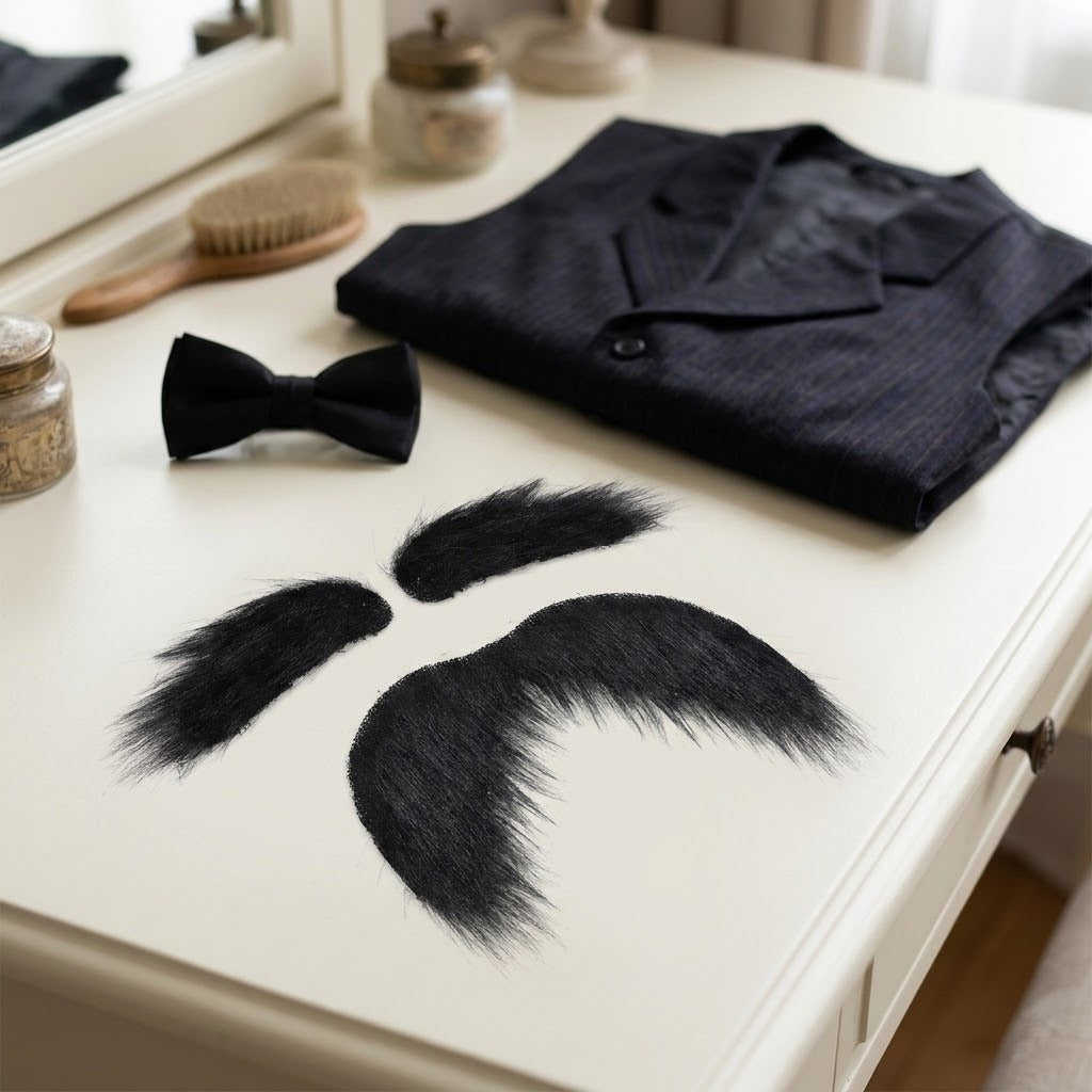 Black costume facial hair includes a mustache and two eyebrows on a white vanity beside a bow tie, dark jacket, and wooden hairbrush.