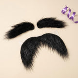 Black costume facial hair includes a curved mustache and two bushy eyebrows on a cream background beside curled purple ribbon.