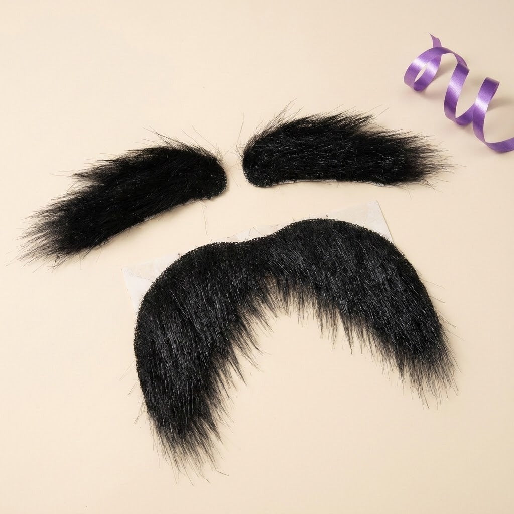 Black costume facial hair includes a curved mustache and two bushy eyebrows on a cream background beside curled purple ribbon.