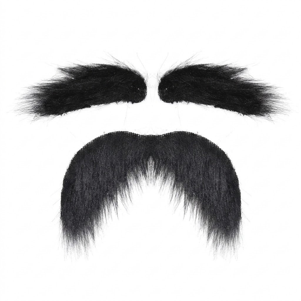 Black costume facial hair is arranged with two bushy eyebrows above a matching curved mustache on a plain white background.