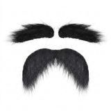 Black costume facial hair is arranged with two bushy eyebrows above a matching curved mustache on a plain white background.