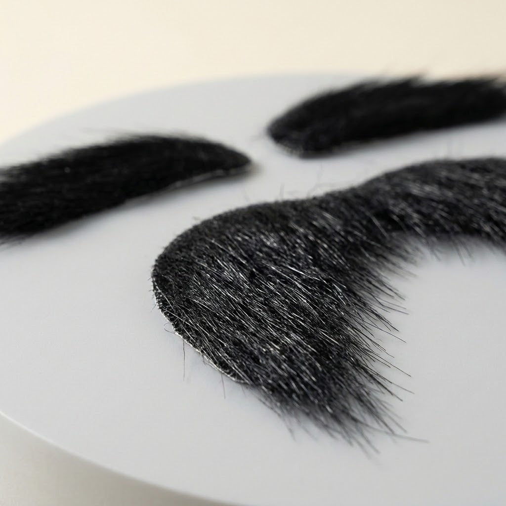 Black costume facial hair rests on a white surface, with mustache fibers in sharp focus and two matching eyebrows blurred behind.