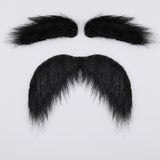 Black costume facial hair features two bushy eyebrows above a thick mustache with drooping ends on a light gray background.
