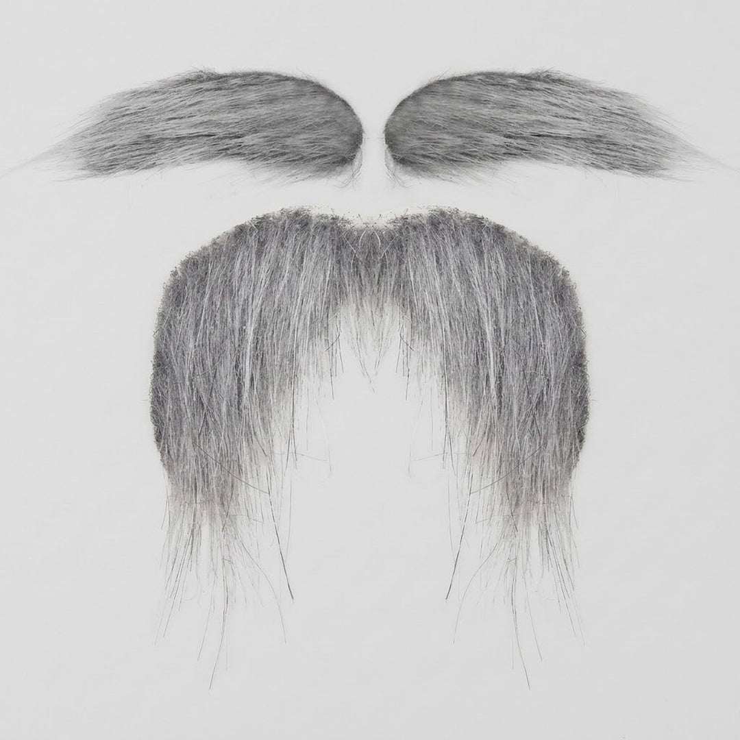 Gray costume facial hair includes two eyebrows above a drooping mustache with long, wispy strands on a light gray background.