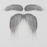 Gray costume facial hair includes two eyebrows above a drooping mustache with long, wispy strands on a light gray background.