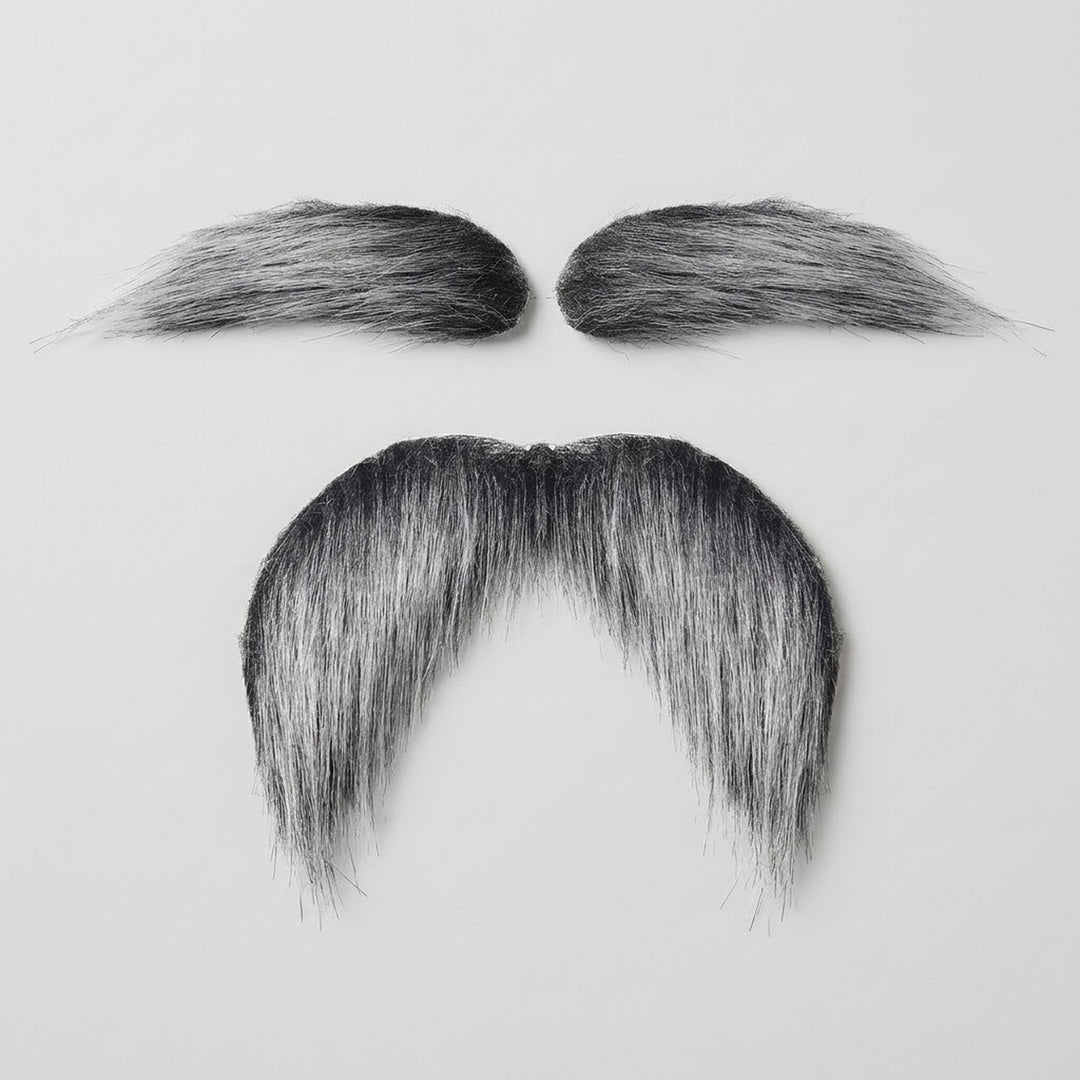 Salt-and-pepper costume facial hair includes two eyebrows and a drooping mustache with black and silver strands on a light gray background.