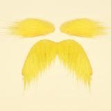 Yellow costume facial hair set with two eyebrows above a matching drooping mustache on a pale cream background.