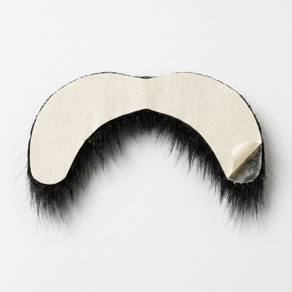 Black costume facial hair lies face down on white, with cream release paper partially peeled from the mustache backing at one corner.