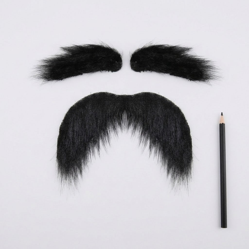 Black costume facial hair includes two eyebrows above a drooping mustache, arranged beside a black pencil on a light gray background.